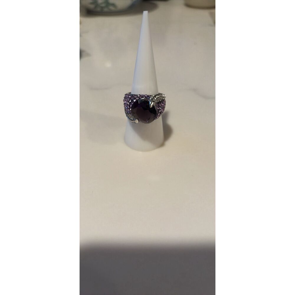 Purple CZ and Crystal silver tone ring SZ 8